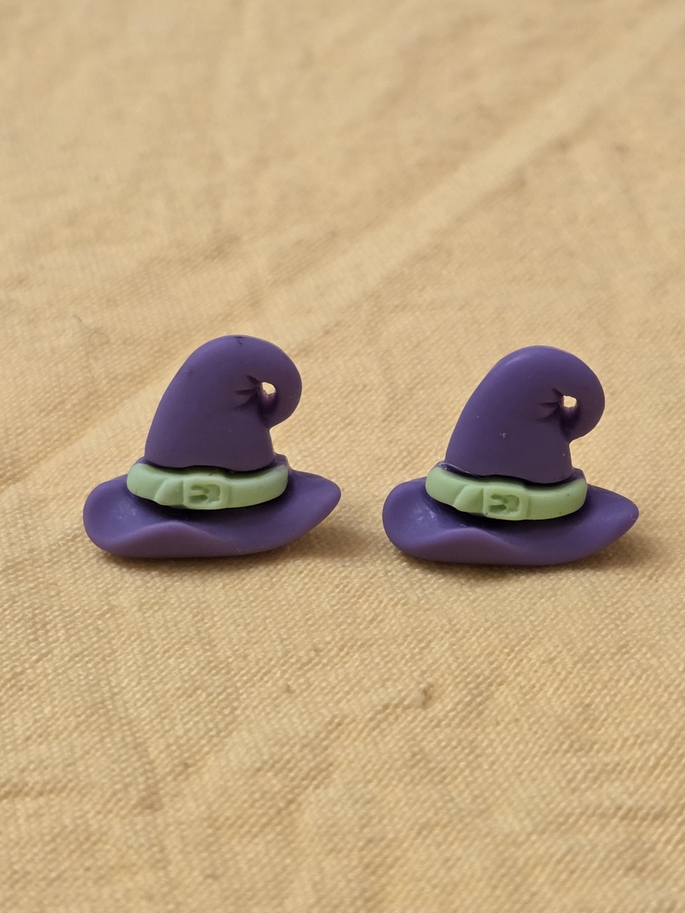 Halloween Witch Hat Stud Earrings- Purple With Green Accent